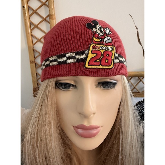 Vintage Mickey Mouse Red XS Beanie Auto Racing 28‎ Flag Checkers Hat Cap Unisex main image 7